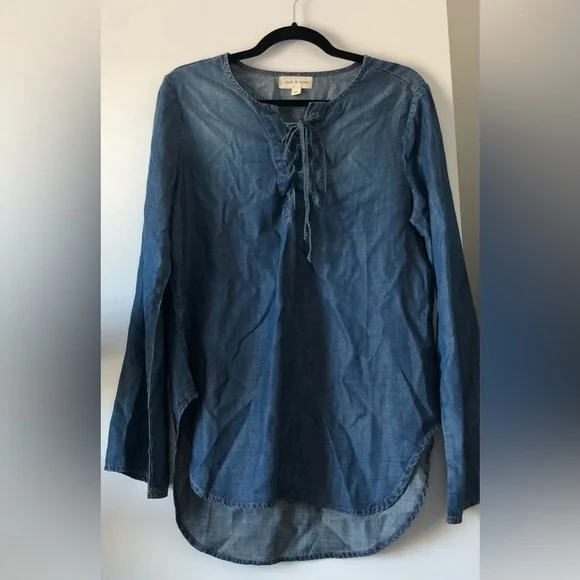 ANTHROPOLOGIE CLOTH & STONE CHAMBRAY LACE UP BLOUSE MEDIUM TENCEL LYOCELL TUNIC - Picture 2 of 10